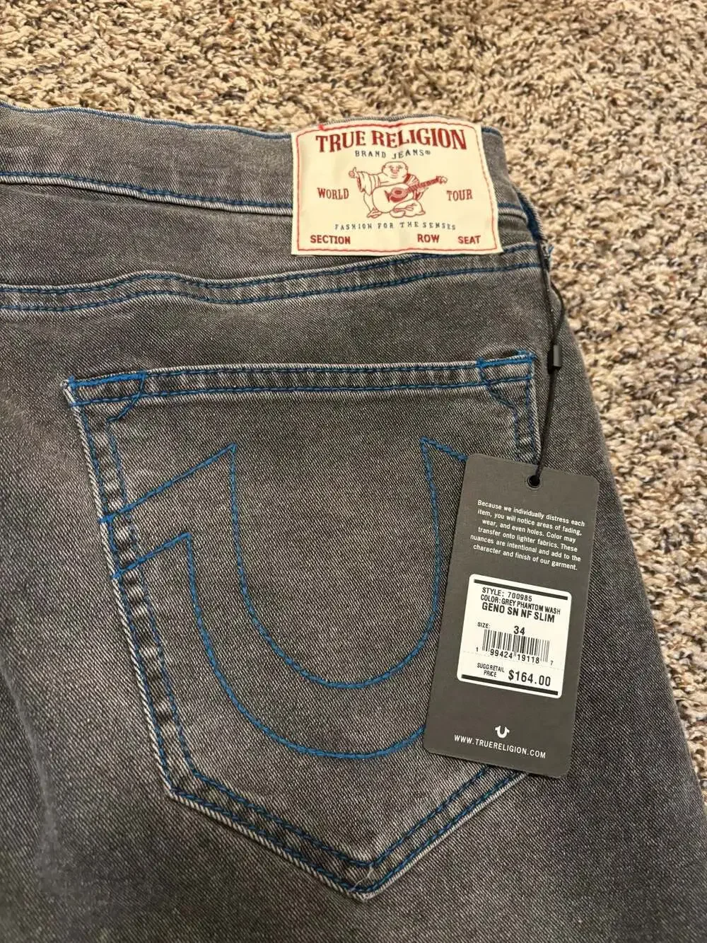 True Religion Geno Relaxed Slim Jeans Grey Phantom.Size 34x32